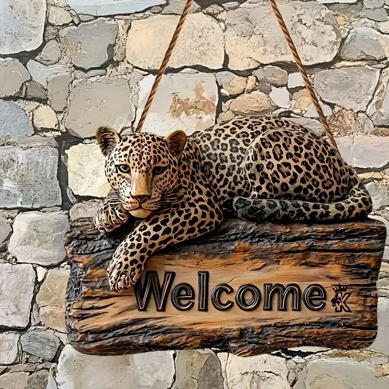 2D Planar Woodcut Wooden Welcome Sign with a detailed leopard on a faux bark plank. Precision-cut 9.80 inch sign for indoor or outdoor use.