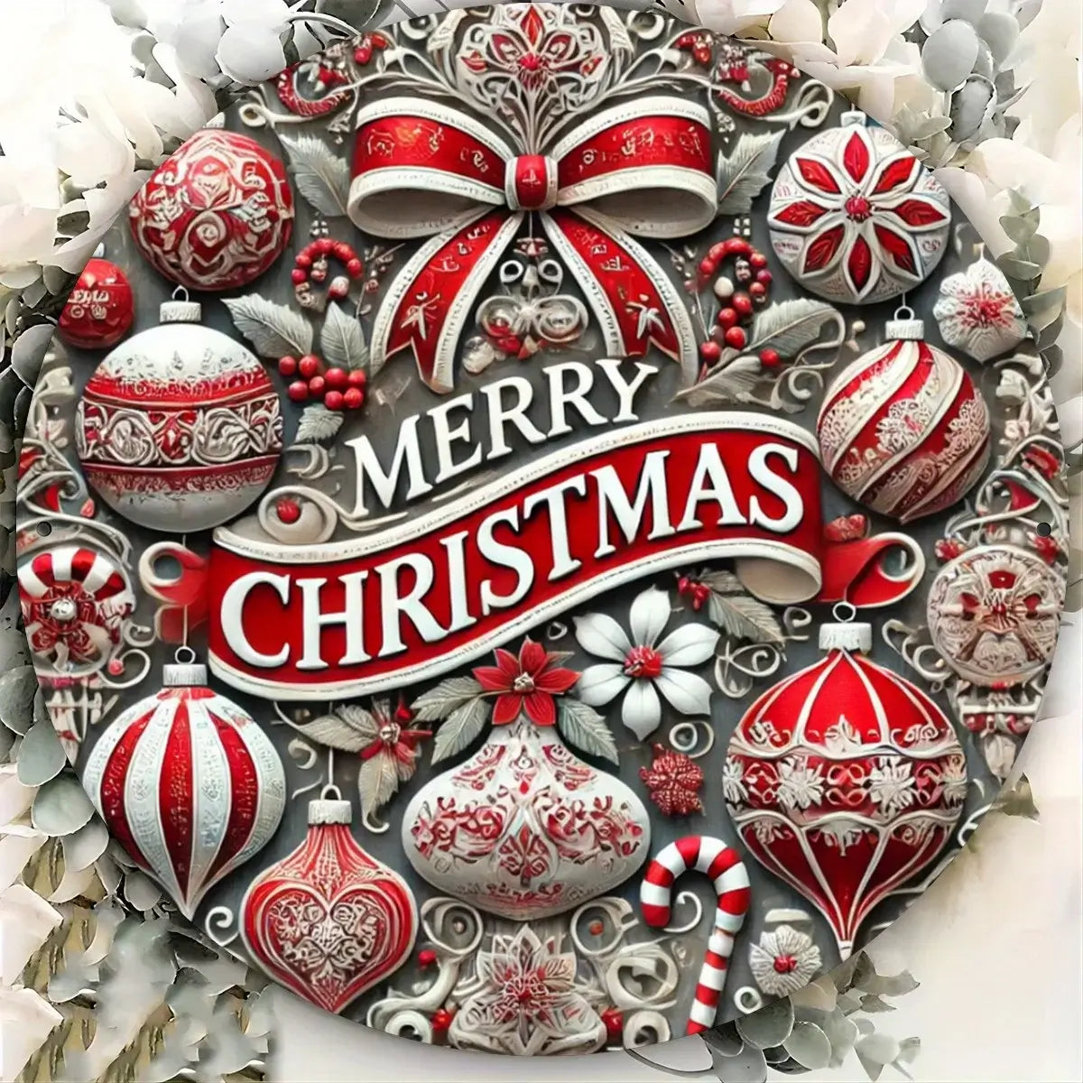 Candy Wreath Metal Sign featuring red and white Christmas ornaments, bow, and candy cane. Ideal wall decor for festive indoor or outdoor use.