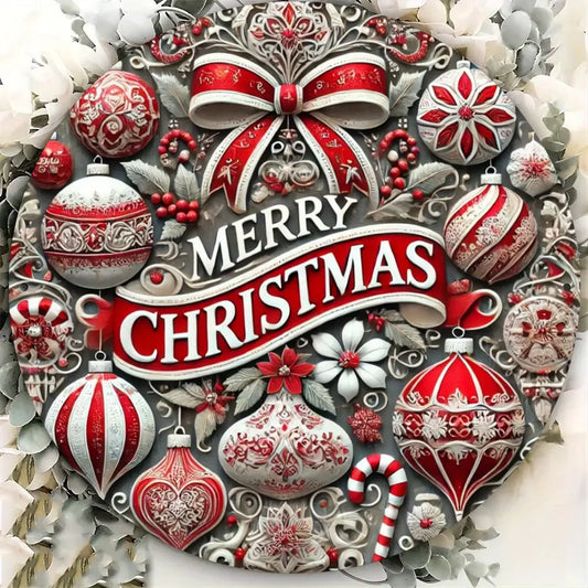 Candy Wreath Metal Sign featuring red and white Christmas ornaments, bow, and candy cane. Ideal wall decor for festive indoor or outdoor use.