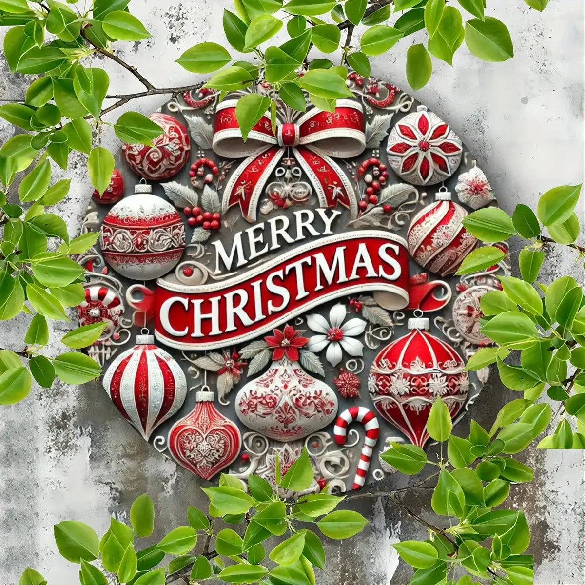 Candy Wreath Metal Sign mounted on outdoor wall with green leaves, festive red and white design ideal for garden or porch decor.