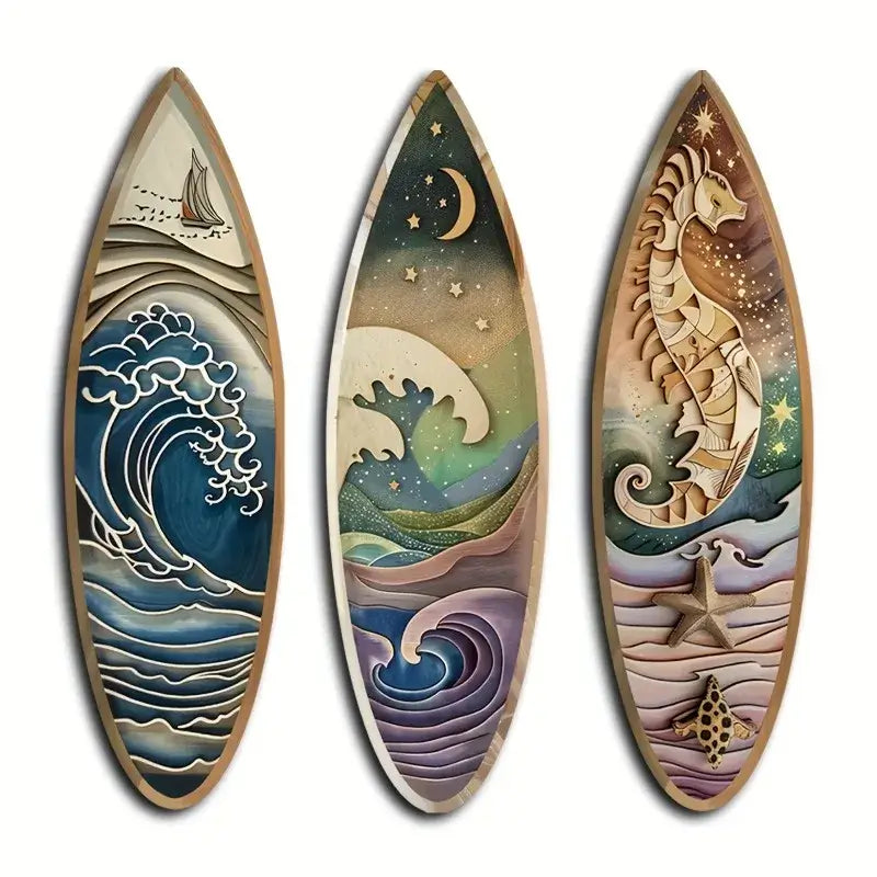 3PCS Wooden Surfboard Wall Decor with nautical wave, night ocean, and seahorse art. Perfect for beach home wall accents and ocean lovers.