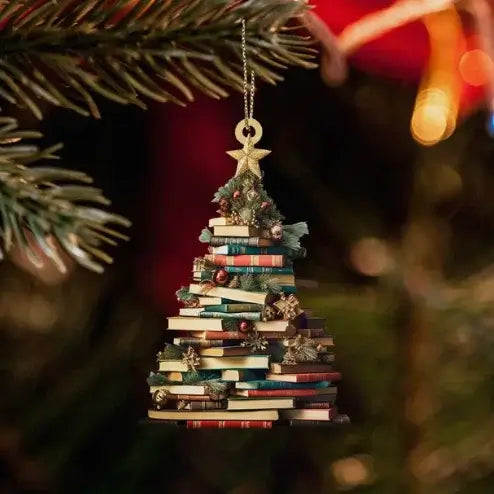 Christmas Tree Bookshelf Ornament shaped like stacked books with festive decor, ideal for book lovers' holiday tree decoration.