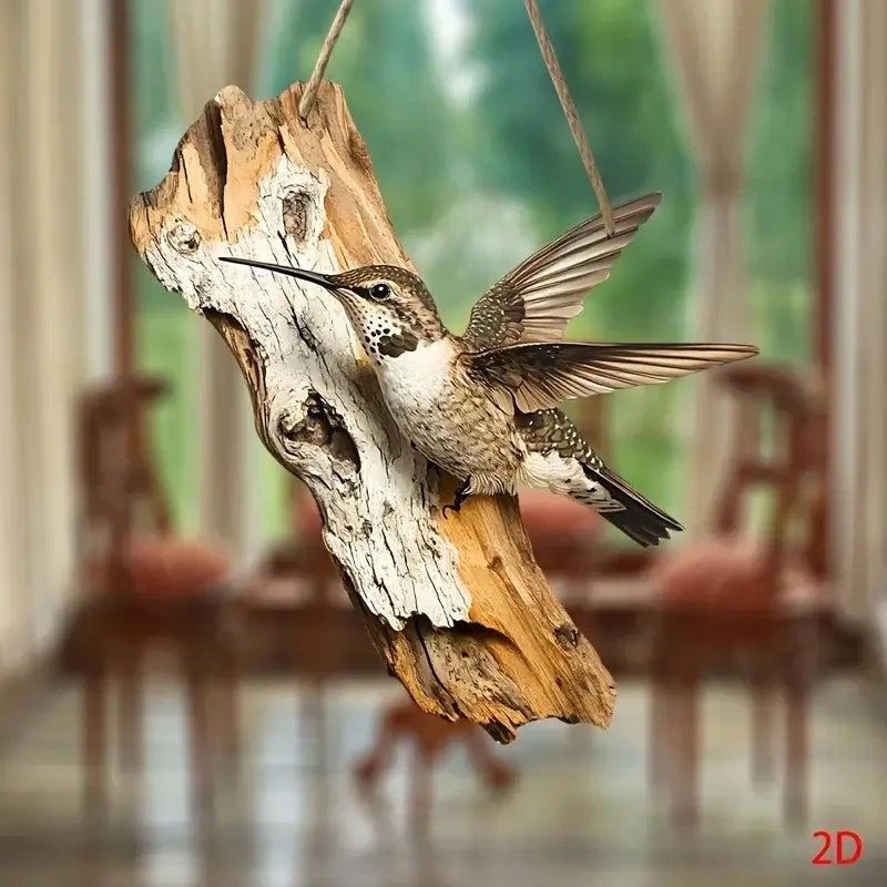 Vintage Wooden Bird Signage - Decor 8in featuring a hummingbird on driftwood. Elegant wall decor for garden rooms or nature-inspired interiors.