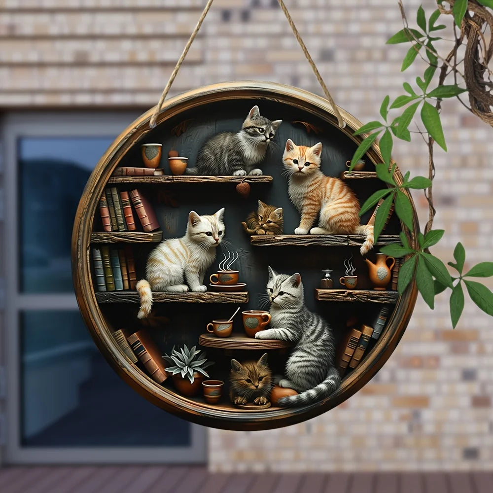 Whimsical cat in library wall art