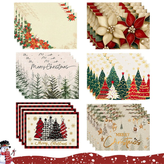 Linen Christmas Placemats in assorted festive designs including poinsettias, Christmas trees, and buffalo plaid. Durable linen fabric for holiday tables.