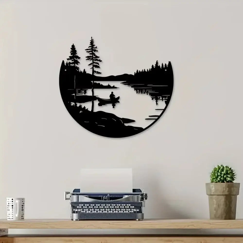 Scenic lake and mountain silhouette metal wall art in bohemian style, displayed above a desk for a calming workspace vibe.