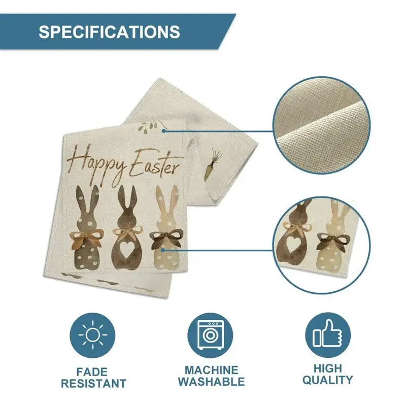 Close-up of Easter Bunny Table Runner fabric showing fade-resistant, high-quality linen. Machine washable and perfect for Easter decor.