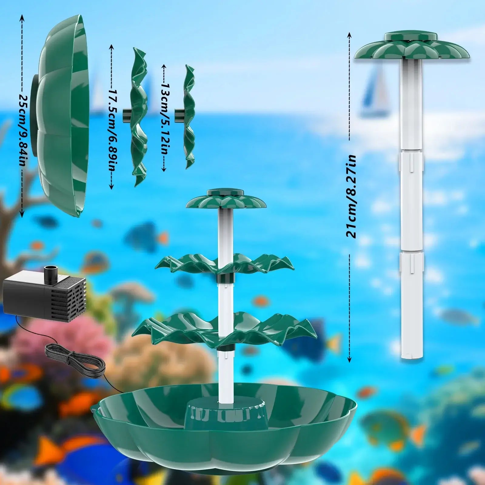 Dimensions and parts of the 3-Tier USB Bird Bath Fountain with pump and tier measurements for easy installation.