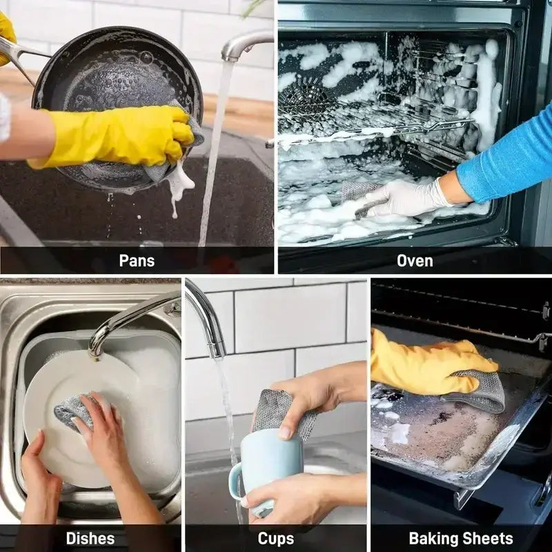 Magic Dishcloth Silver Wire used on pans, ovens, dishes, cups, and baking sheets, showing its multipurpose cleaning versatility.