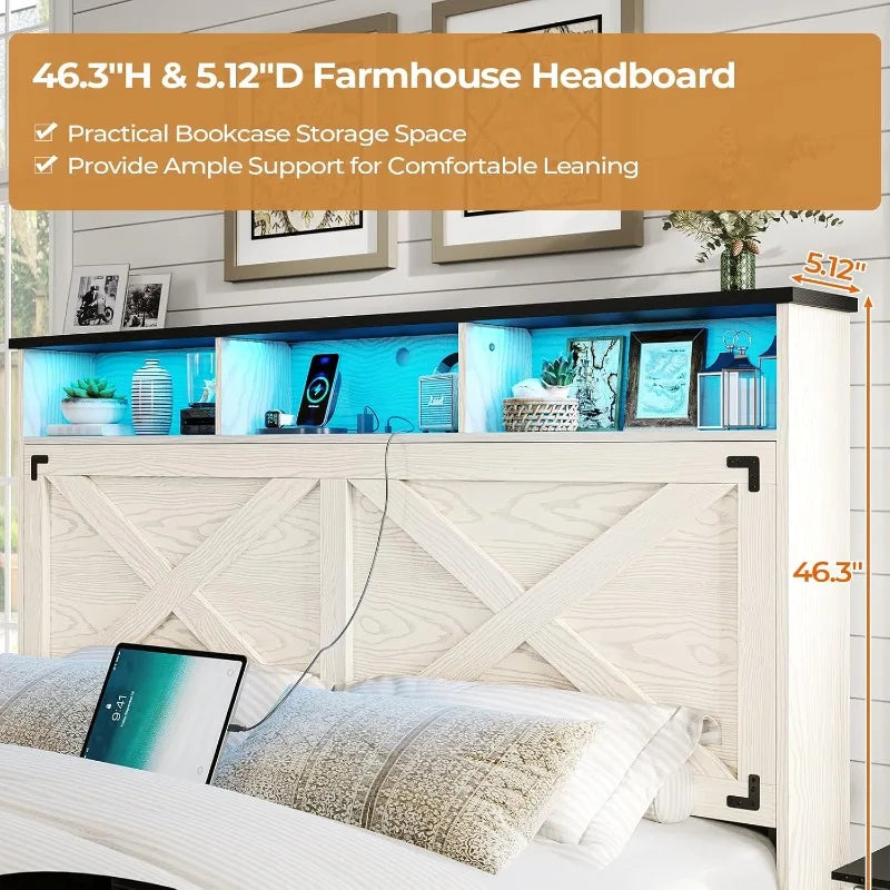 Close-up of Farmhouse Queen Bed Frame headboard with built-in bookcase storage, LED lighting, and ample leaning support in a rustic white finish.