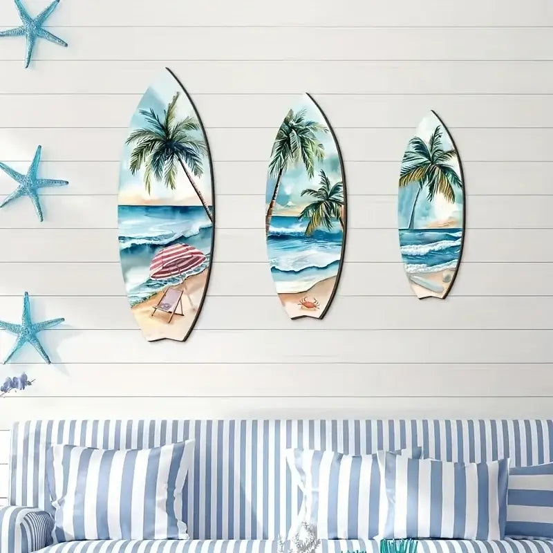 Handcrafted Wooden Surfboard Decor 3PCS Set displayed on a white shiplap wall above a striped couch, ideal for coastal-themed interiors.