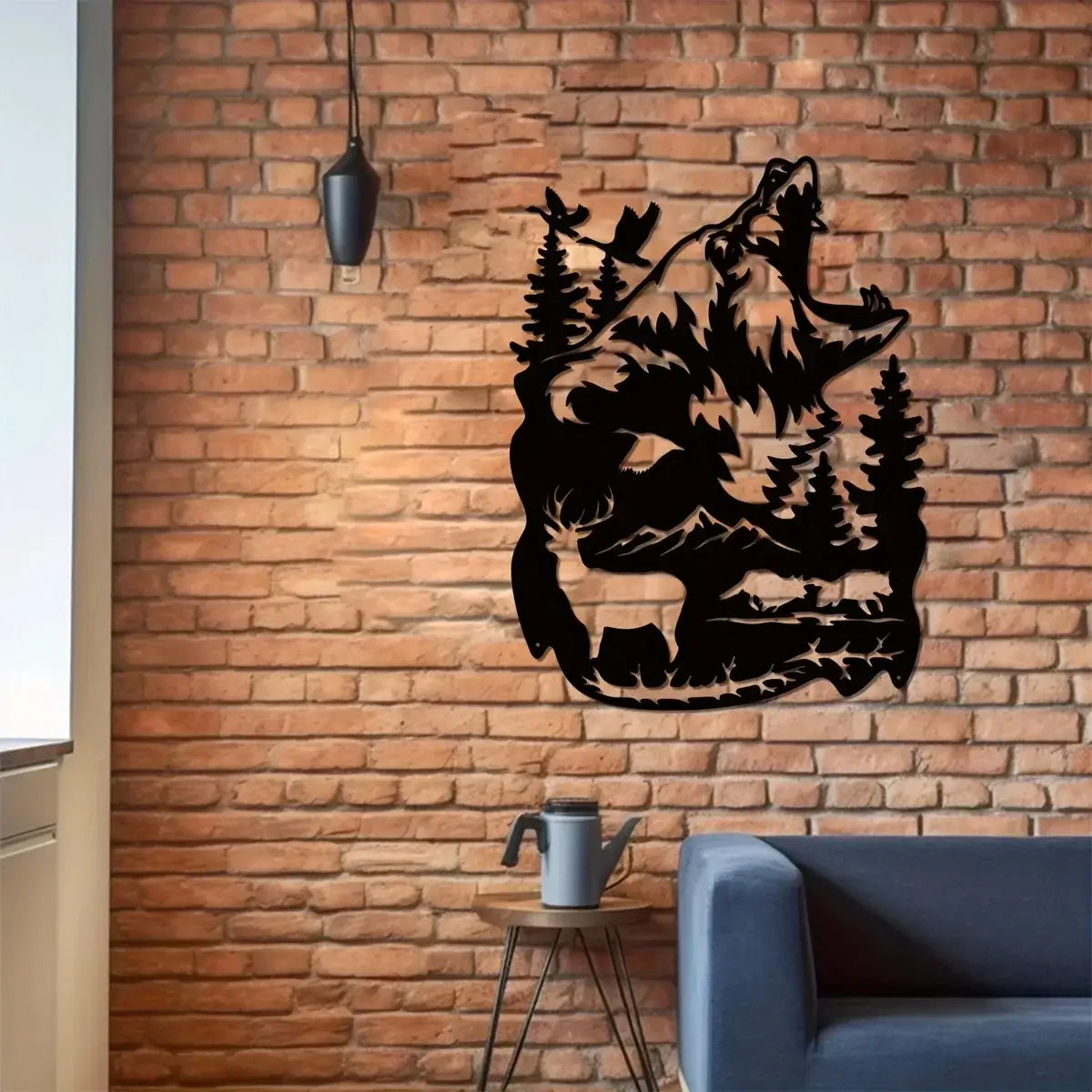 Bear Deer Metal Art Sign featured on an exposed brick wall above a modern sofa, blending rustic charm with urban decor.