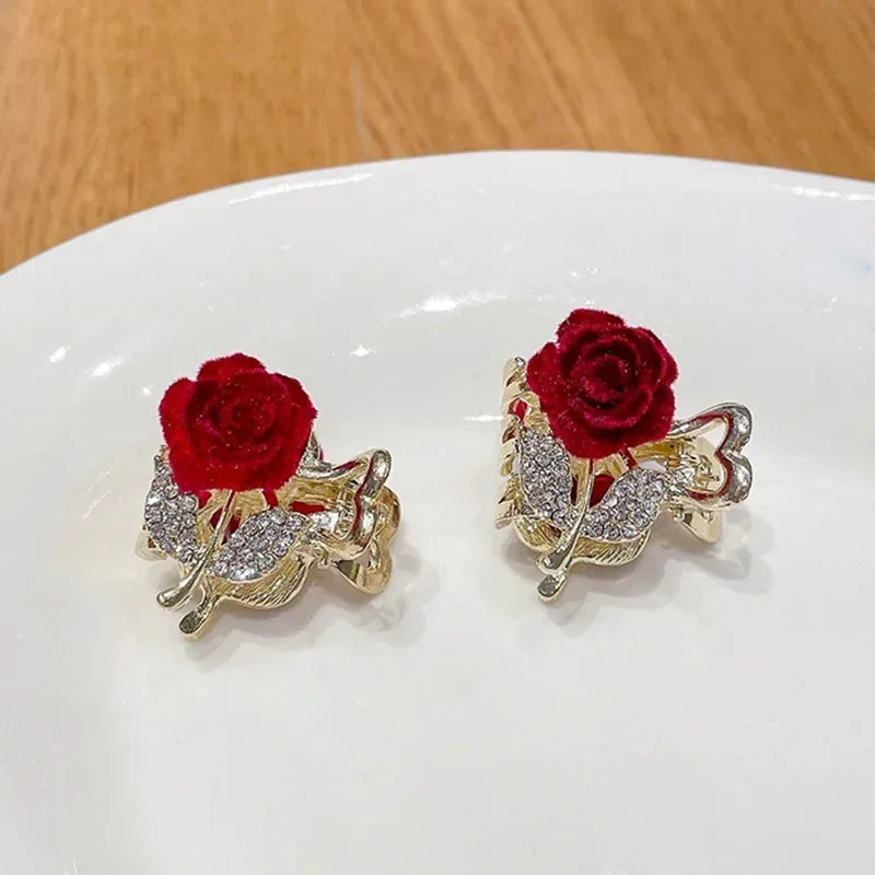 Red Rose Flower Hair Clips