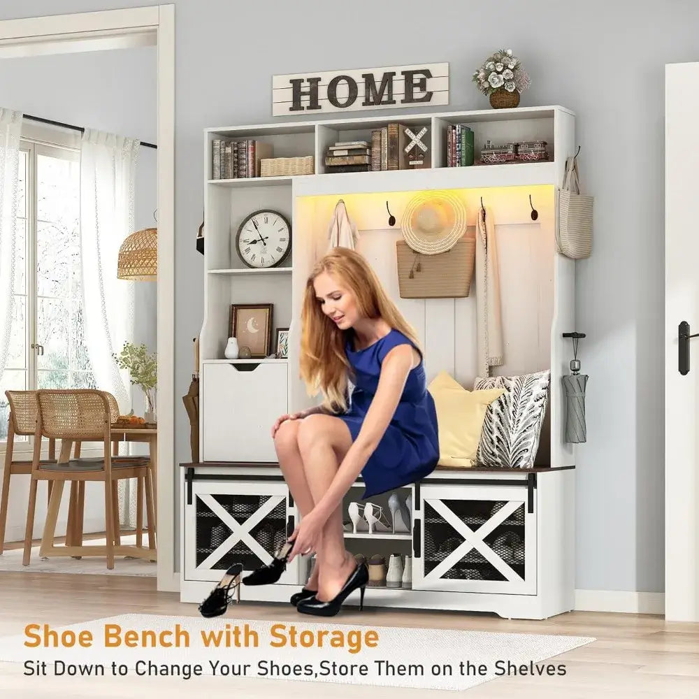 75''H LED Farmhouse Hall Tree White Bench Shoe Storage