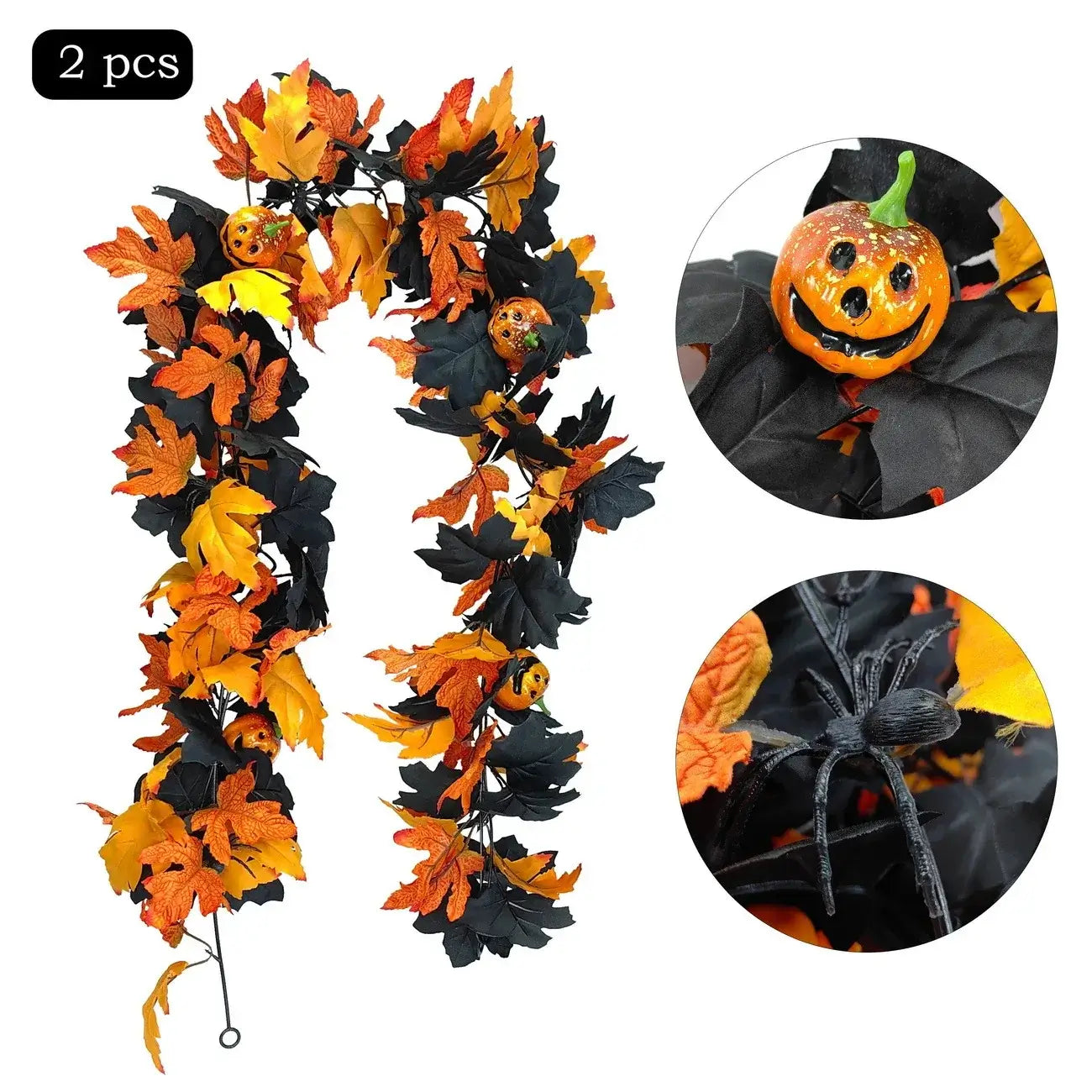 Set of 2 Halloween Maple Leaf Garlands with pumpkins and spiders. Features vibrant fall leaves in orange and black for festive home decoration.