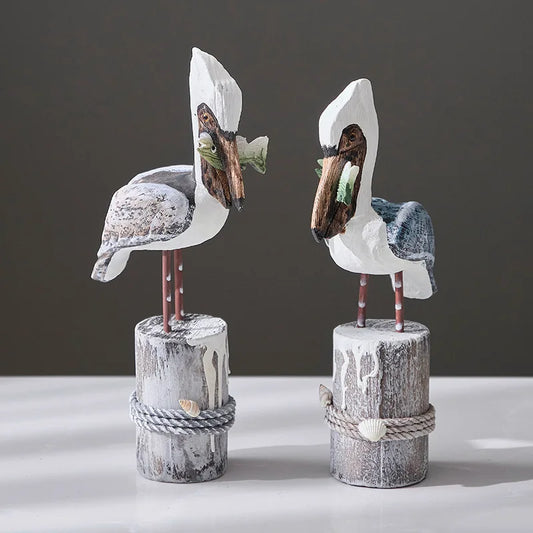 Wooden Seagull Nautical Beach Figurine Ornaments Mediterranean Style