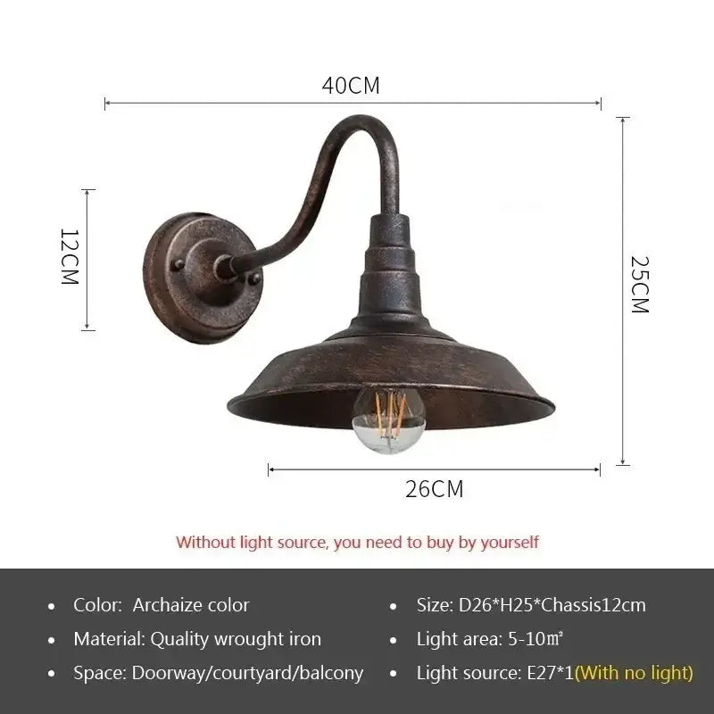 Archaize color Retro Outdoor LED Wall Lamp with size details, crafted from wrought iron for weather-resistant garden lighting.