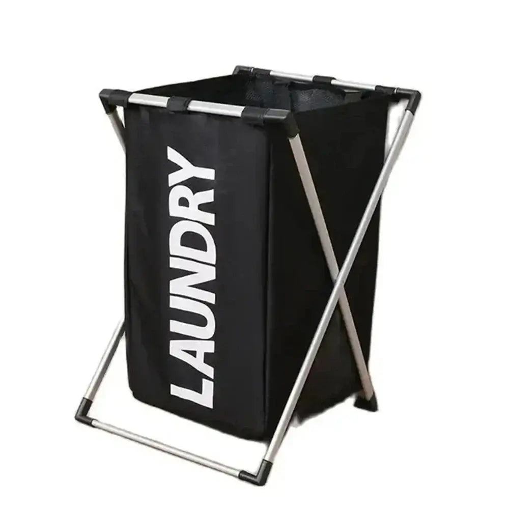 Single-grid black Foldable Laundry Basket with bold 'LAUNDRY' print. Compact and durable for small laundry loads or minimal spaces.