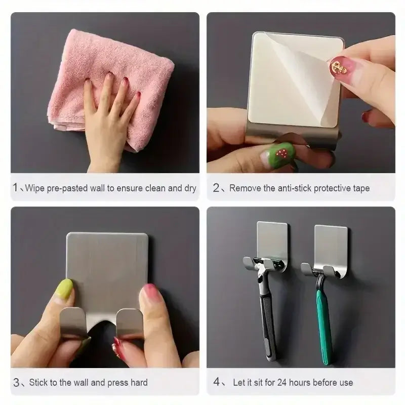 Step-by-step installation guide for wall mounted adhesive razor holder, showing easy setup without tools or drilling.