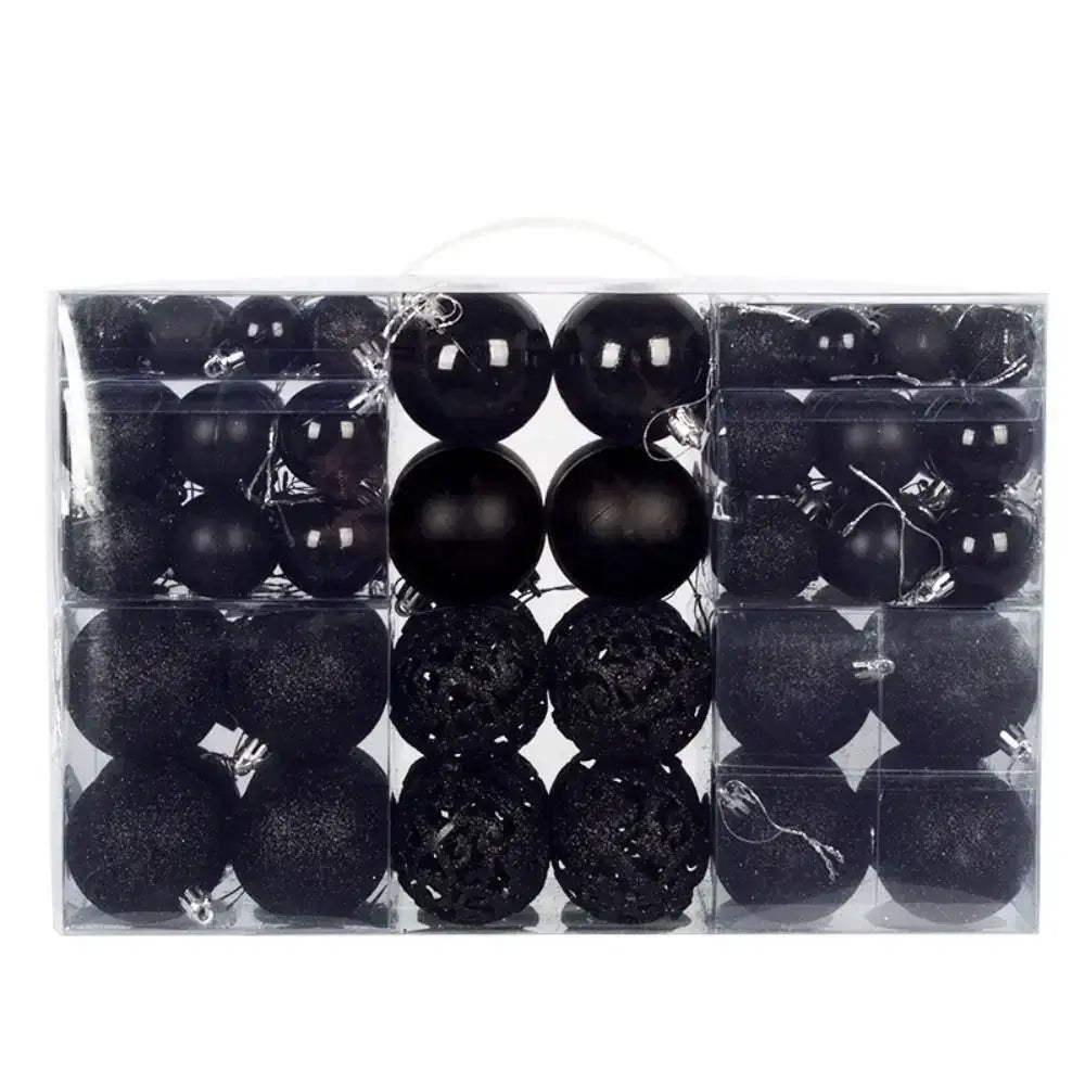 Black 100PCS Plastic Christmas Ball Set with matte and glitter finishes, ideal for modern and bold holiday tree decor.