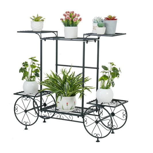 6-tier metal garden cart with potted plants, stylish storage solution for gardens and patios.