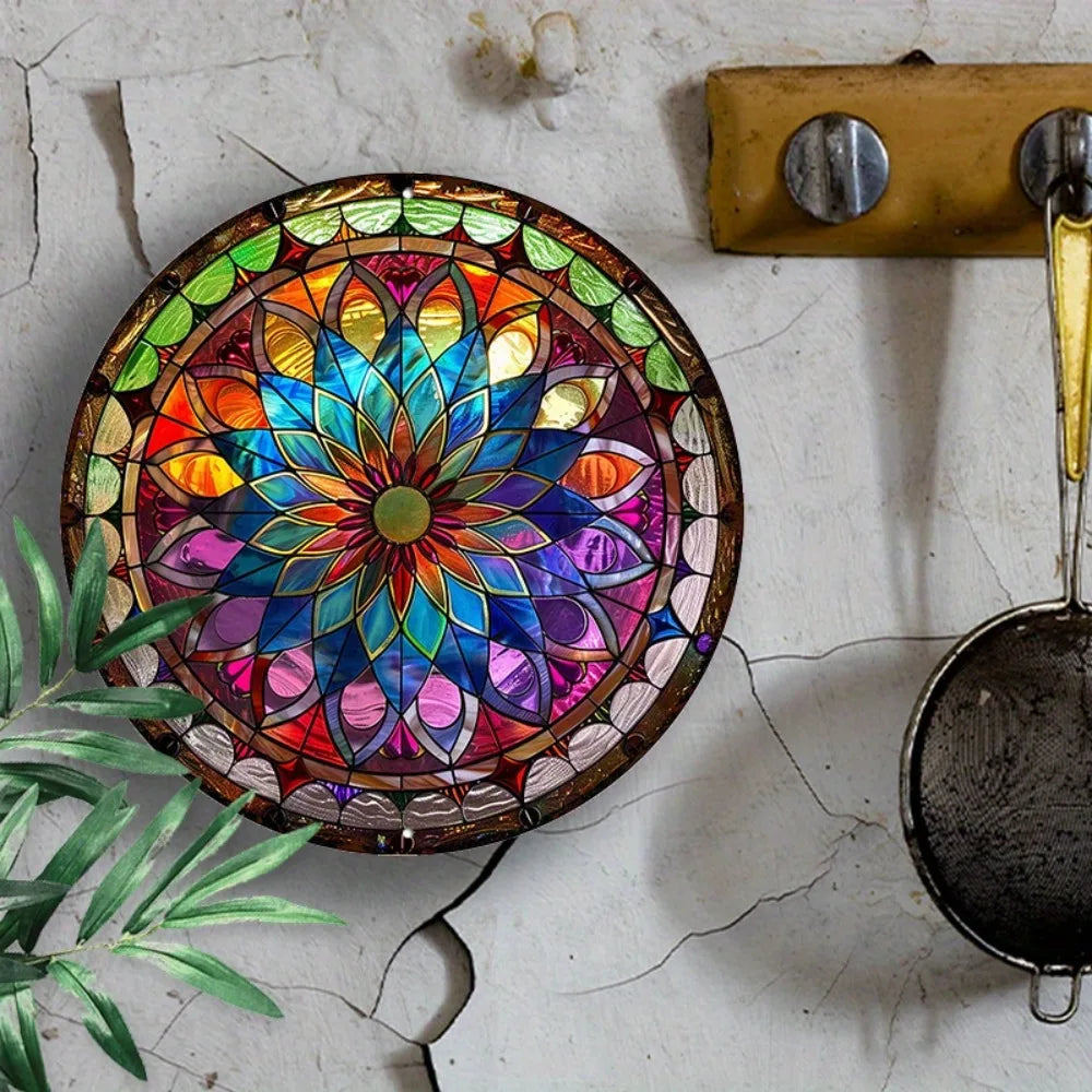 Colorful Round Mandala Aluminum Art Sign displayed on rustic cracked wall near kitchen tools, perfect for eclectic home or garden decor.