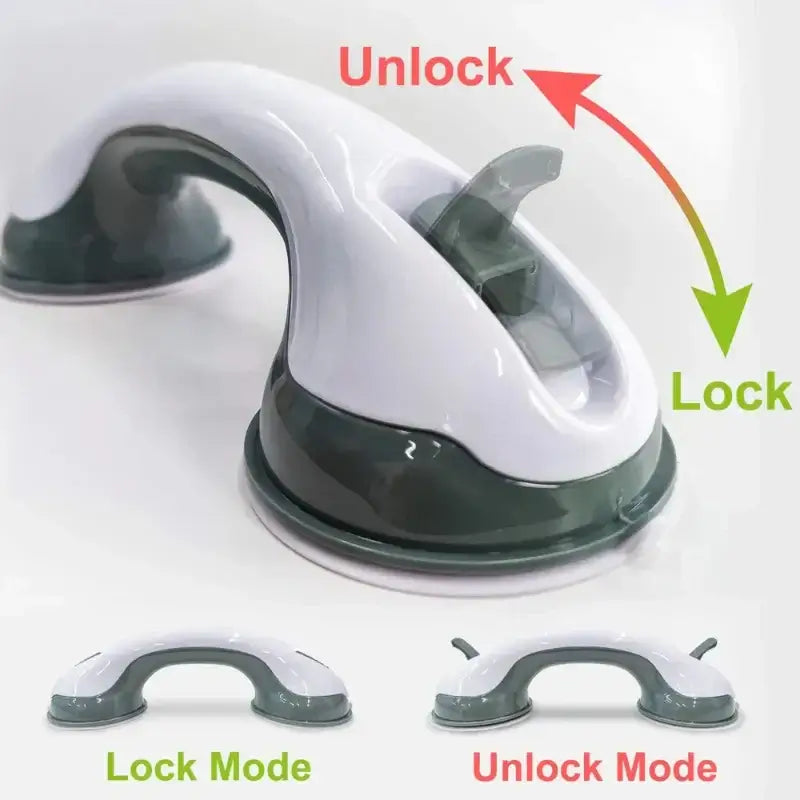Vacuum Suction Cup Safety Handle with lock and unlock mode for secure bathroom support, enhancing shower stability for seniors or disabled users.
