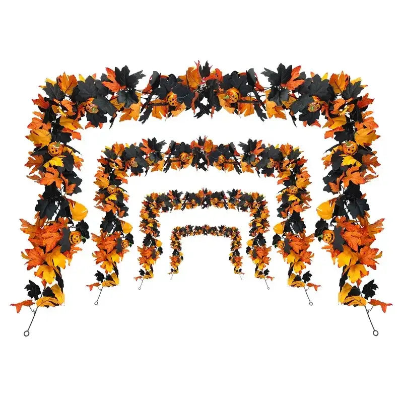 Halloween Garland with orange and black maple leaves, pumpkins, and bats. Ideal for doorways and party decor in fall and Halloween themes.