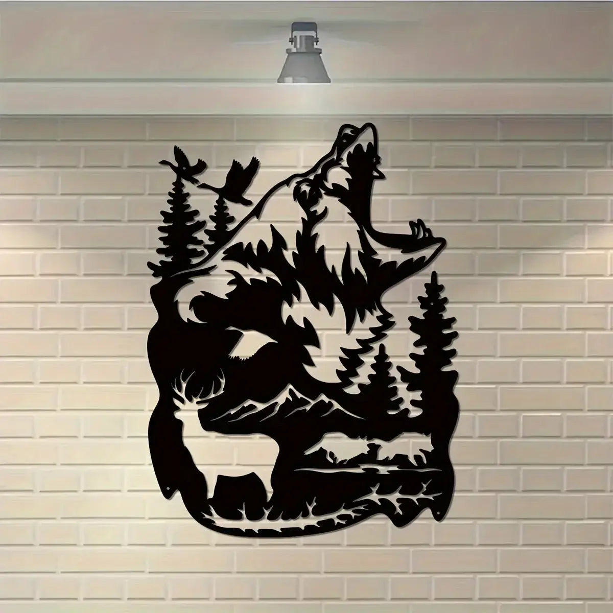 Bear Deer Metal Art Sign mounted on a white brick wall under a spotlight, ideal rustic wall decor for cabins or nature-themed rooms.