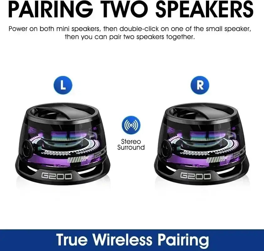 Pair of G200 RGB portable Bluetooth speakers demonstrating true wireless stereo pairing for immersive surround sound experience.