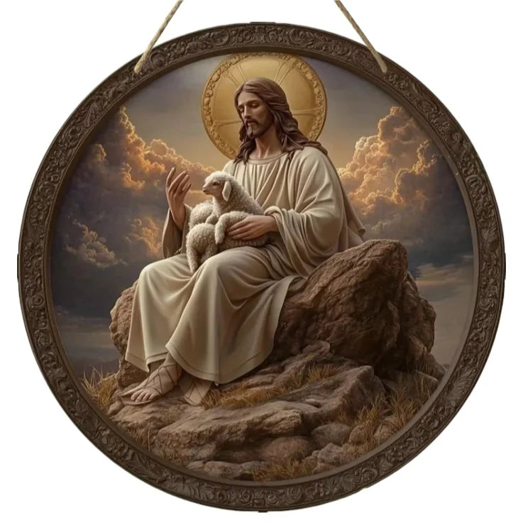2D Retro Jesus Sign - Wooden Welcome featuring Jesus holding a lamb on a rock, set against a dramatic sky for festive wall art.