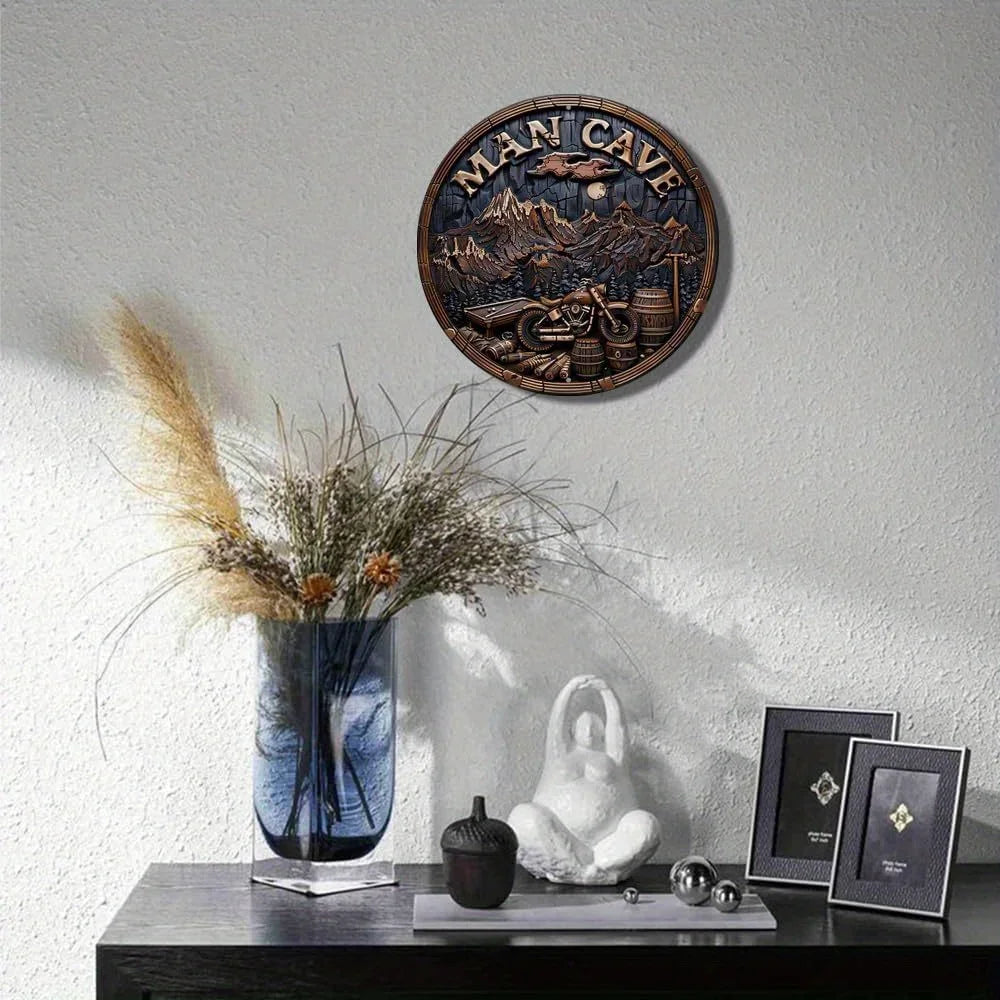 Wall-mounted Vintage Metal Man Cave Sign in a modern room, showcasing durable aluminum build and detailed mountain scene.