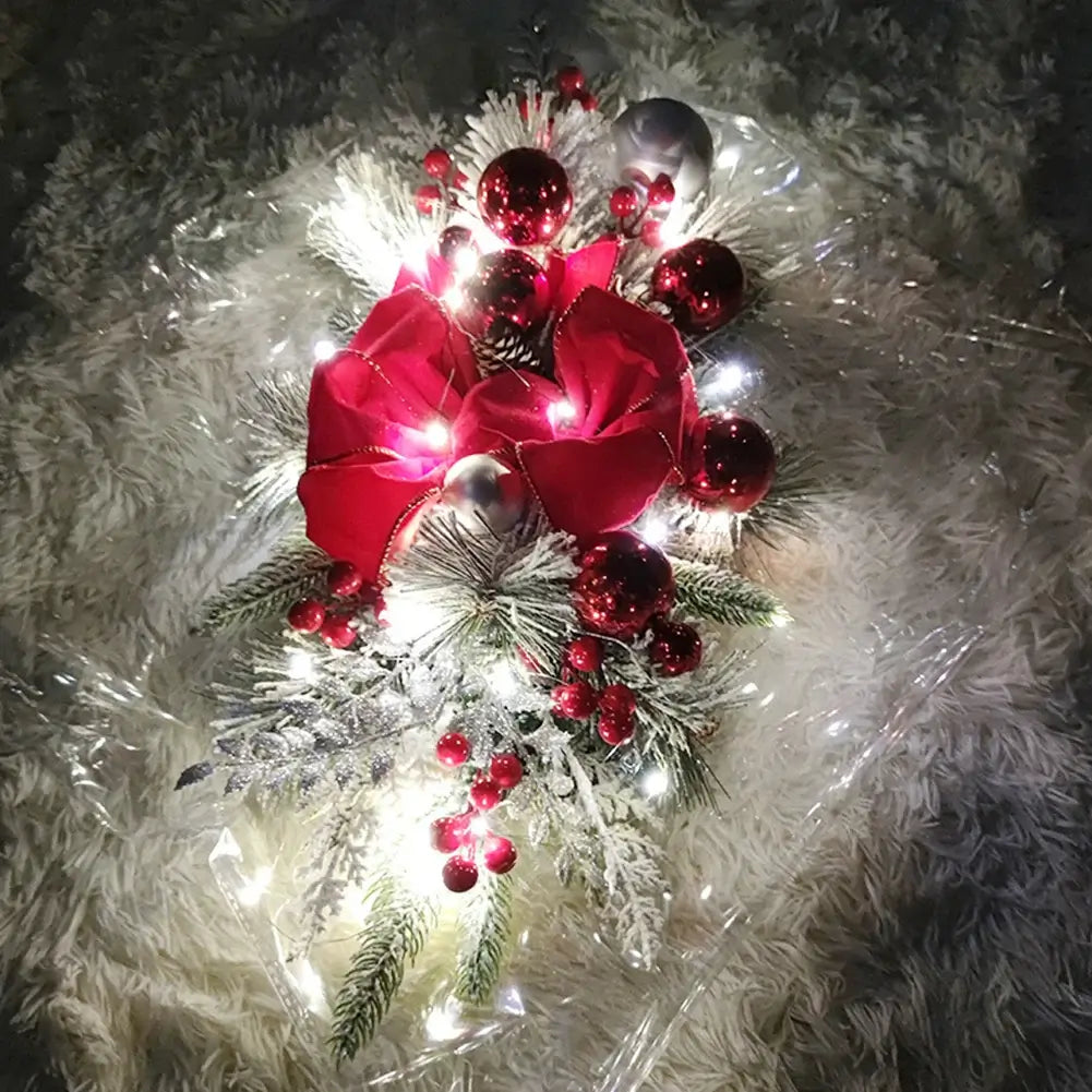 Red and silver Christmas Wreath Hanging Pendant with LED lights and berries, ideal for holiday-themed wall or door decor.