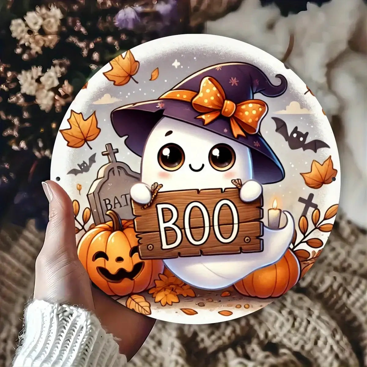 Halloween Ghost "BOO" Round Metal Sign