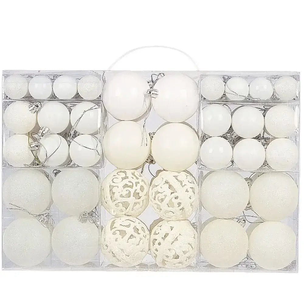 White 100PCS Plastic Christmas Ball Set with hollow and glitter designs, ideal for snowy and elegant Christmas themes.