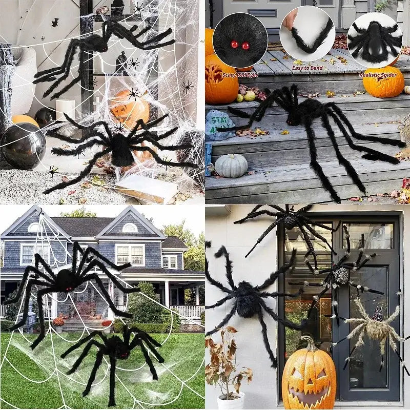 Halloween Giant Black Spider Decoration shown in various outdoor setups with spider webs and pumpkins. Includes close-ups of plush details and red eyes.