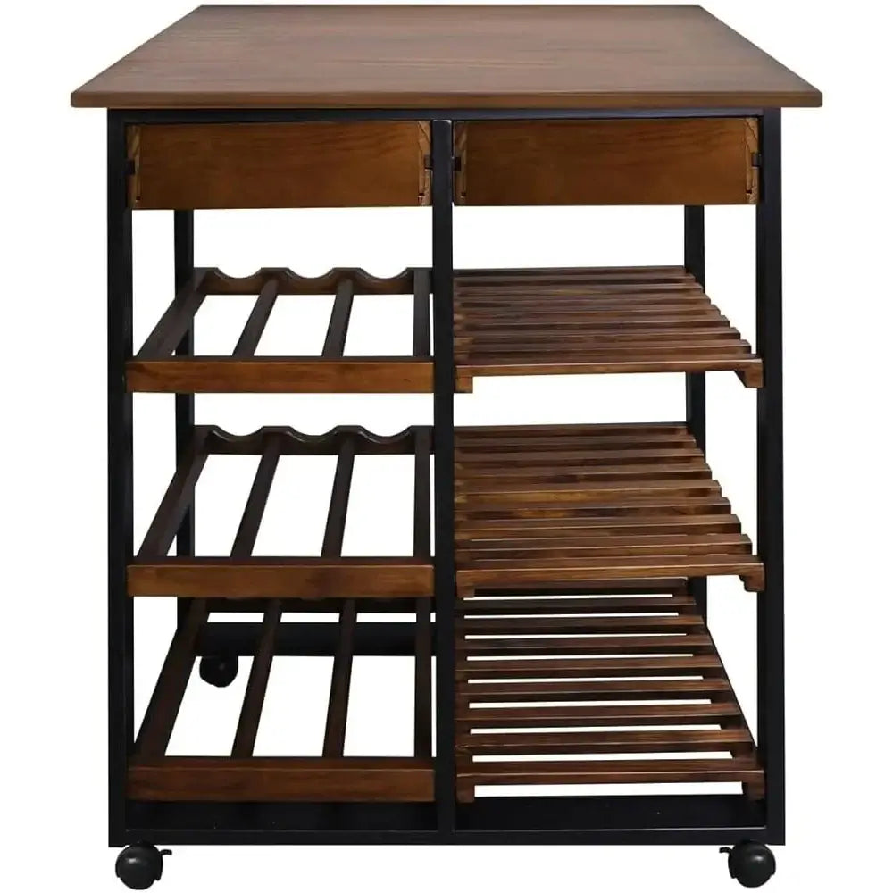 Back view of Solid Wood Kitchen Island Cart with wine rack and open shelving. Four-tier design offers ample kitchen storage and mobility.