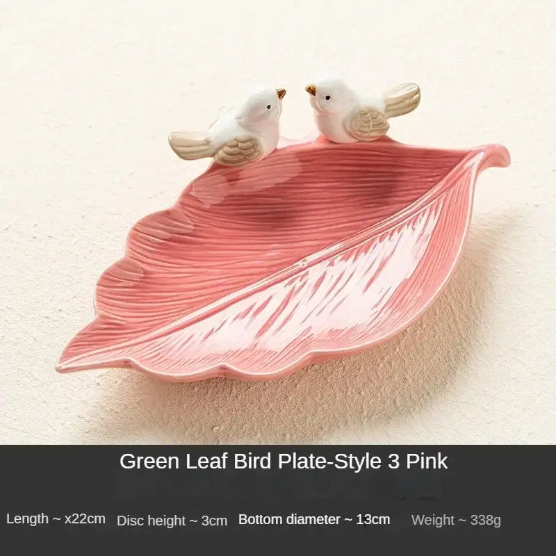 Pink ceramic leaf jewelry tray with bird figurines, Style 3 Pink, part of the elegant Ceramic Jewelry Storage Trays collection.