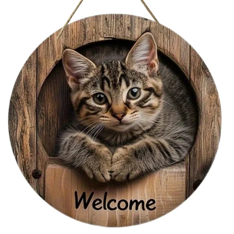 Wood Cat Hanging Decorations 2D Retro Circular