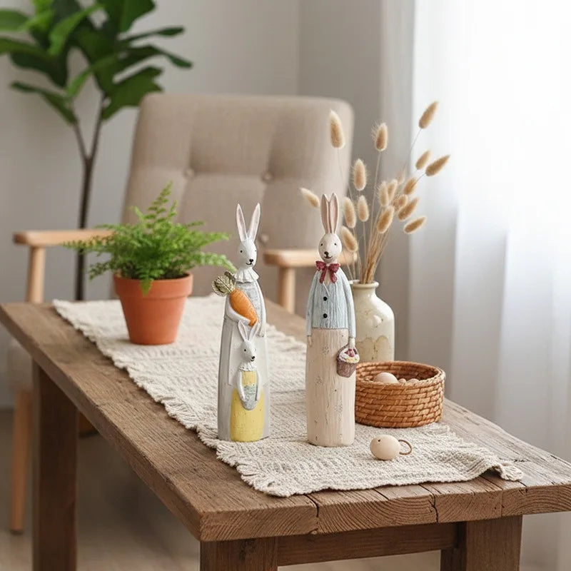 Wood Grain Resin Bunny Couple Statue - Handmade