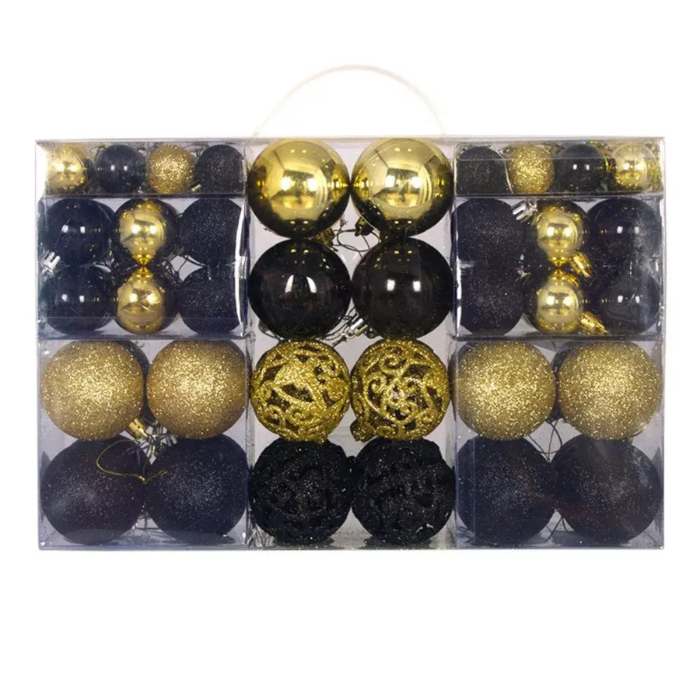 Black and gold 100PCS Plastic Christmas Ball Set with glitter and hollow designs, perfect for elegant holiday tree themes.