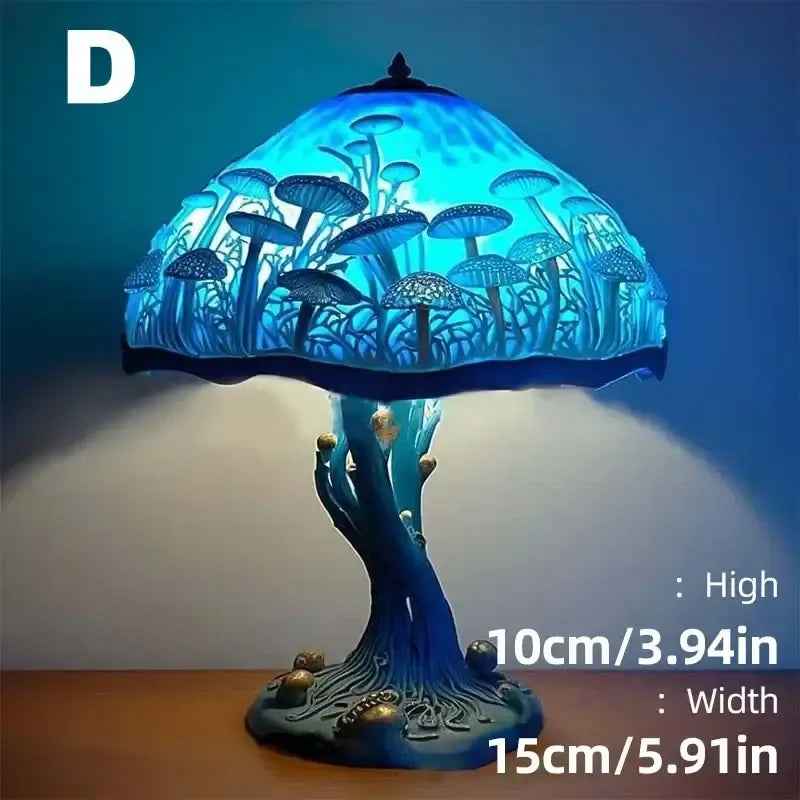 Blue mushroom-themed table lamp D from the Stained Plant Series, 10cm high and 15cm wide. Resin base with stained glass shade.