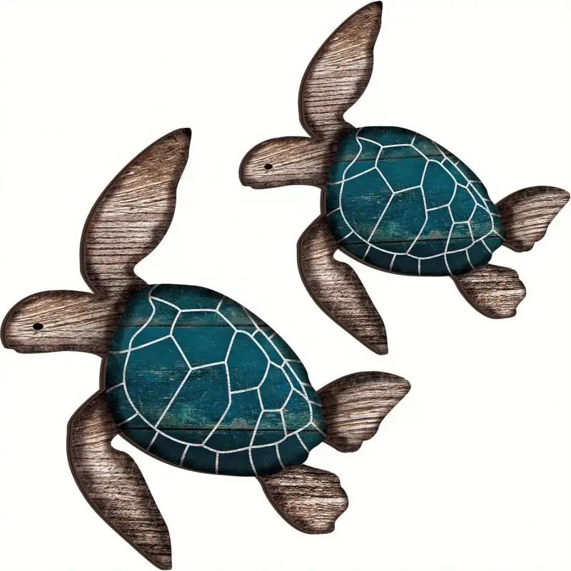 Set of two Wooden Turtle Wall Hangings with blue shells and rustic wood texture, perfect for coastal-themed home decor.