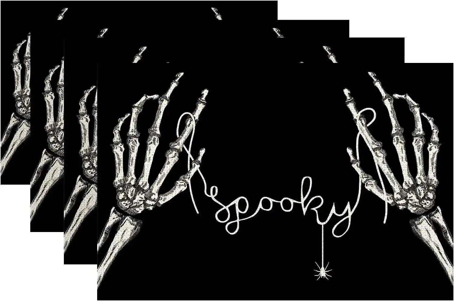 Halloween Table Placemats - Linen 4PCS with skeleton hands spelling 'spooky' on black background. Edgy Halloween table decor.