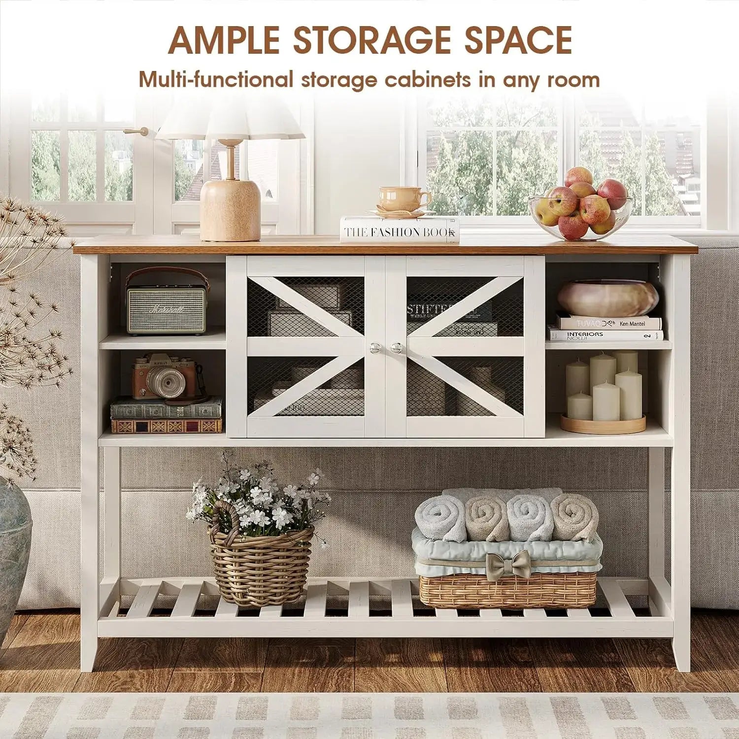 Entryway Table with 2 Screen Doors & 5 Open Storage Shelves