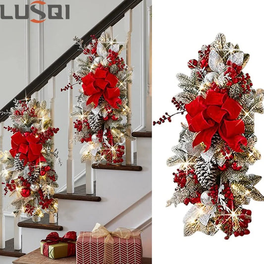 Christmas Stair Wreath with red bows, pinecones, berries, and ornaments on staircase railing. Holiday decor for indoor festive ambiance.