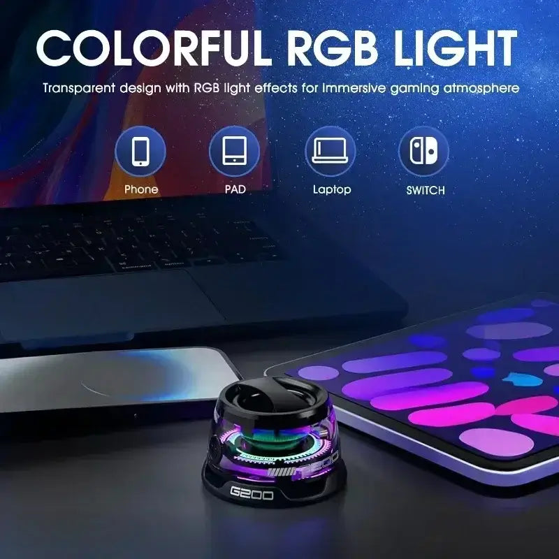 G200 RGB Bluetooth speaker displayed with phone, tablet, laptop, and Switch, highlighting multi-device compatibility and RGB lighting.
