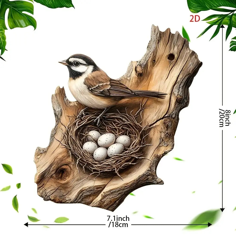 Vintage Wooden Bird Signage - Decor 8in with a bird and nest on driftwood, 7.1x8in. Ideal for garden-themed or rustic wall decoration.