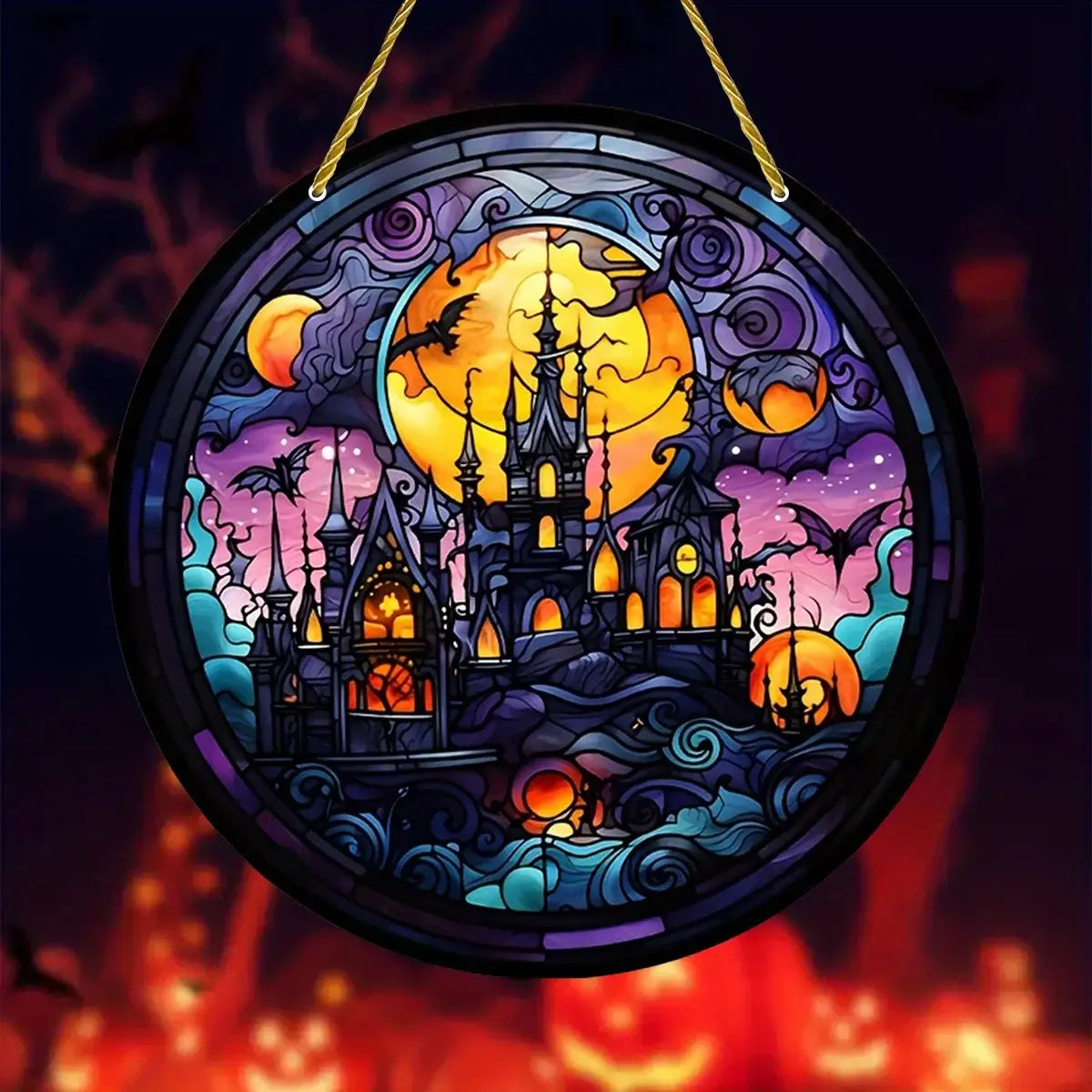 Colorful haunted castle Halloween window decoration with glowing moon and swirling clouds, ideal for seasonal home decor.
