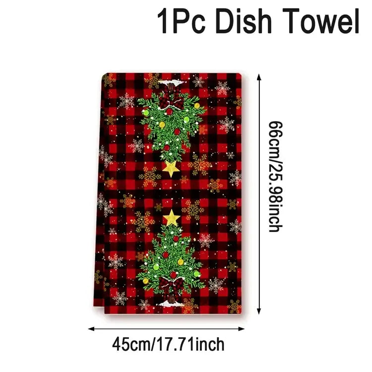 White Christmas dish towel with snowman and 'Let it Snow' text. Cotton towel sized 45x66cm for holiday kitchen use.
